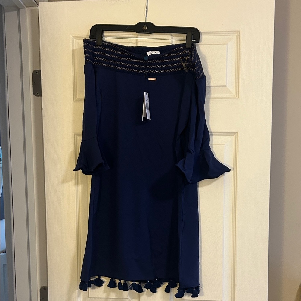 CABANA LIFE- NEW - Navy Off-Shoulder Dress with Tassels - size Large